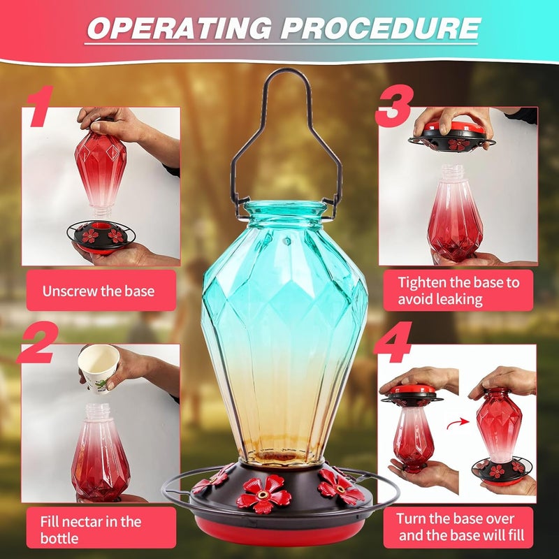 MCHBF Glass Hummingbird Feeder for Outdoors Hanging, 25Oz Humming Bird Nectar Feeder, Perch, 5 Flower Feeding Ports, Leak Proof Base, Hook for Outside Garden Backyard, Gift for Women, Diamond Green - Image 4